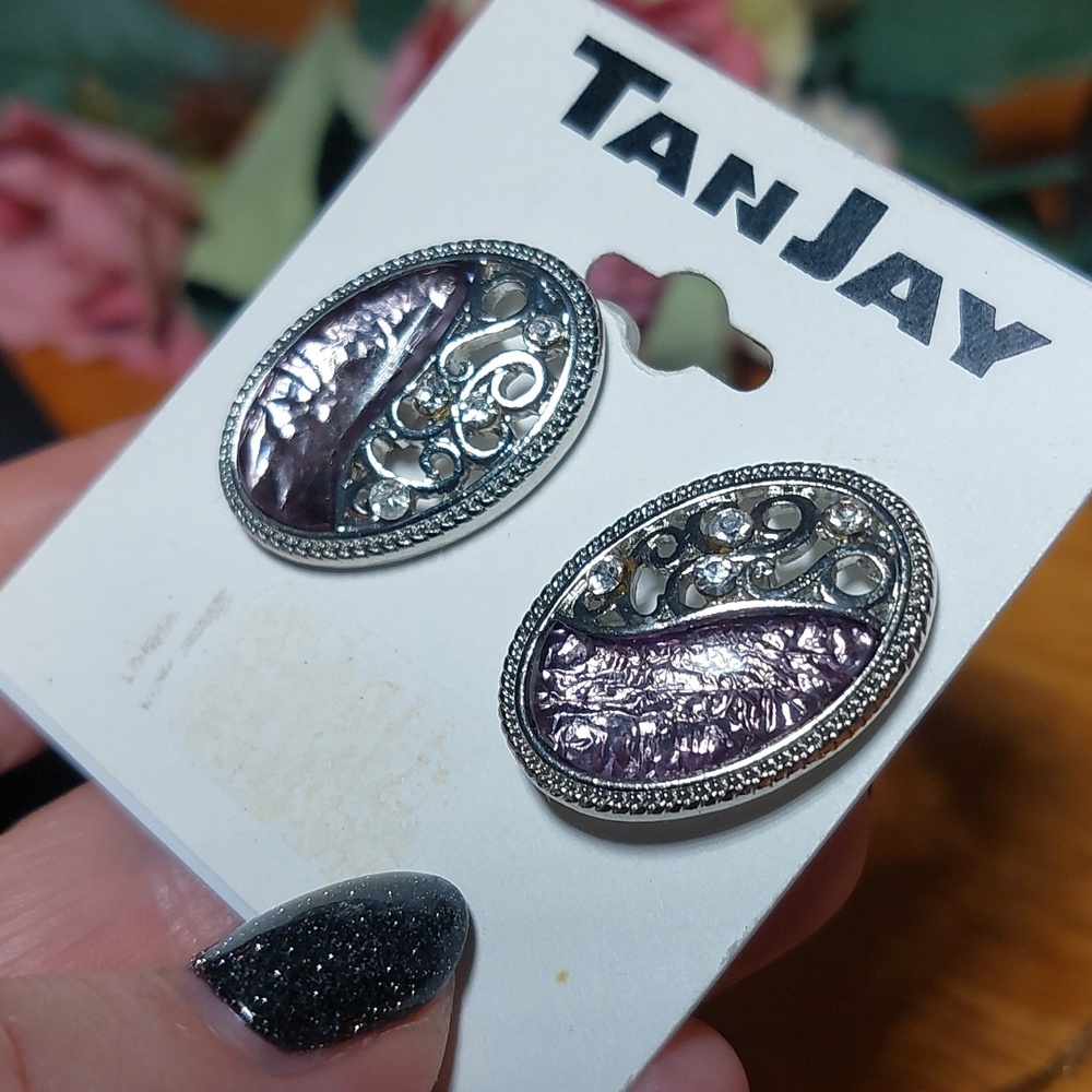 Clip On Earrings New TanJay Silvertone Purple Foil Open Scroll Work